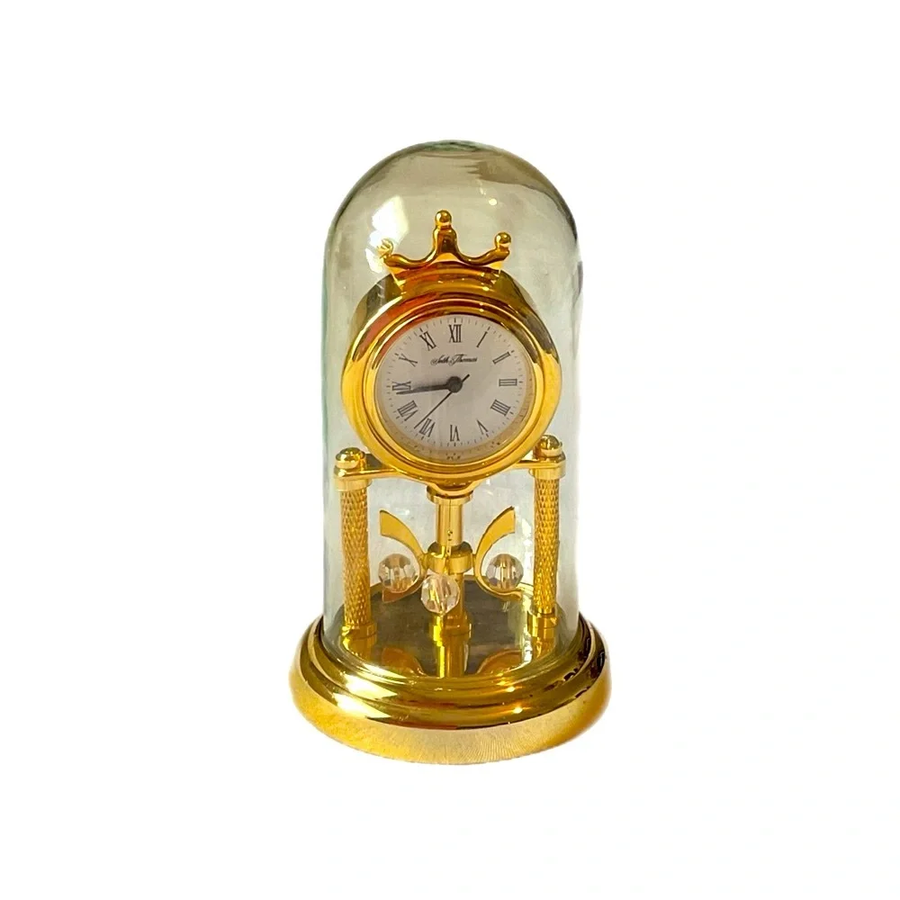Rare Seth Thomas Miniature Anniversary Clock Gold Tone, Very Clear Glass Dome